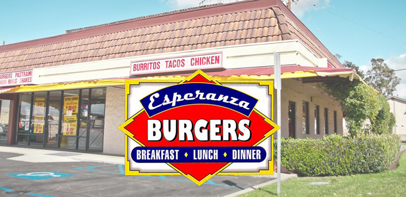 Bright storefront photo of Esperanza Burgers with logo overlay