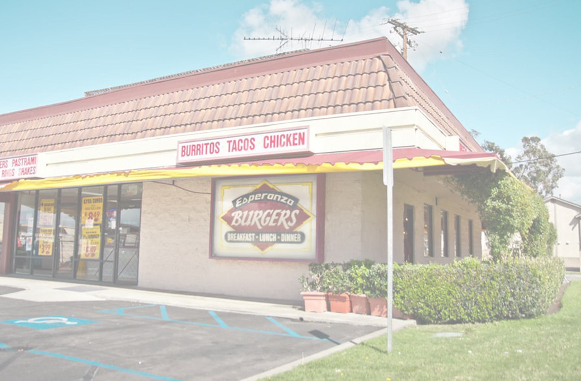 Esperanza Burgers storefront on Orangethorpe Ave, Anaheim — awning and diamond sign visible
