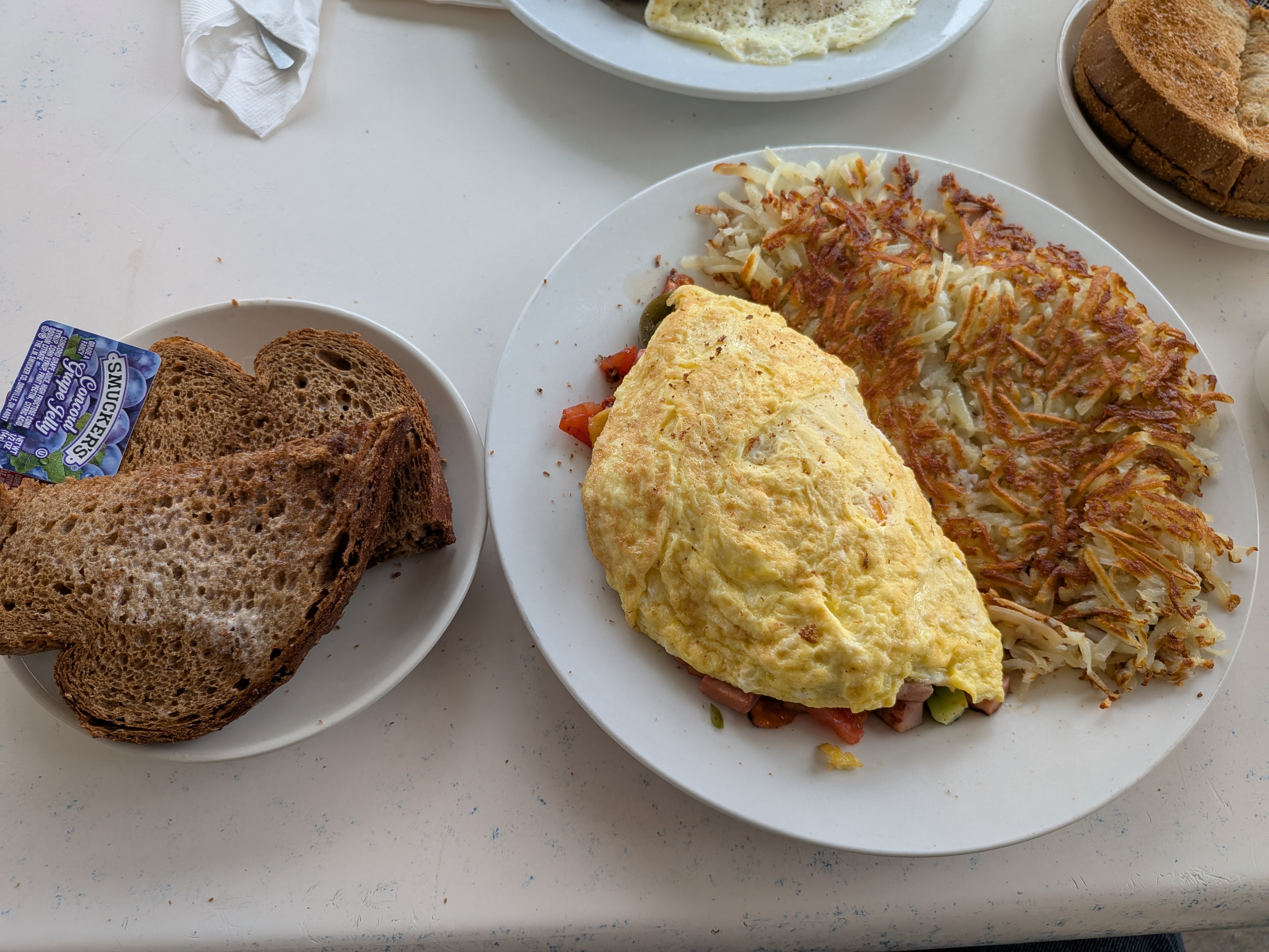 Fluffy 3-egg omelette with crispy hashbrowns and rye toast on a diner plate