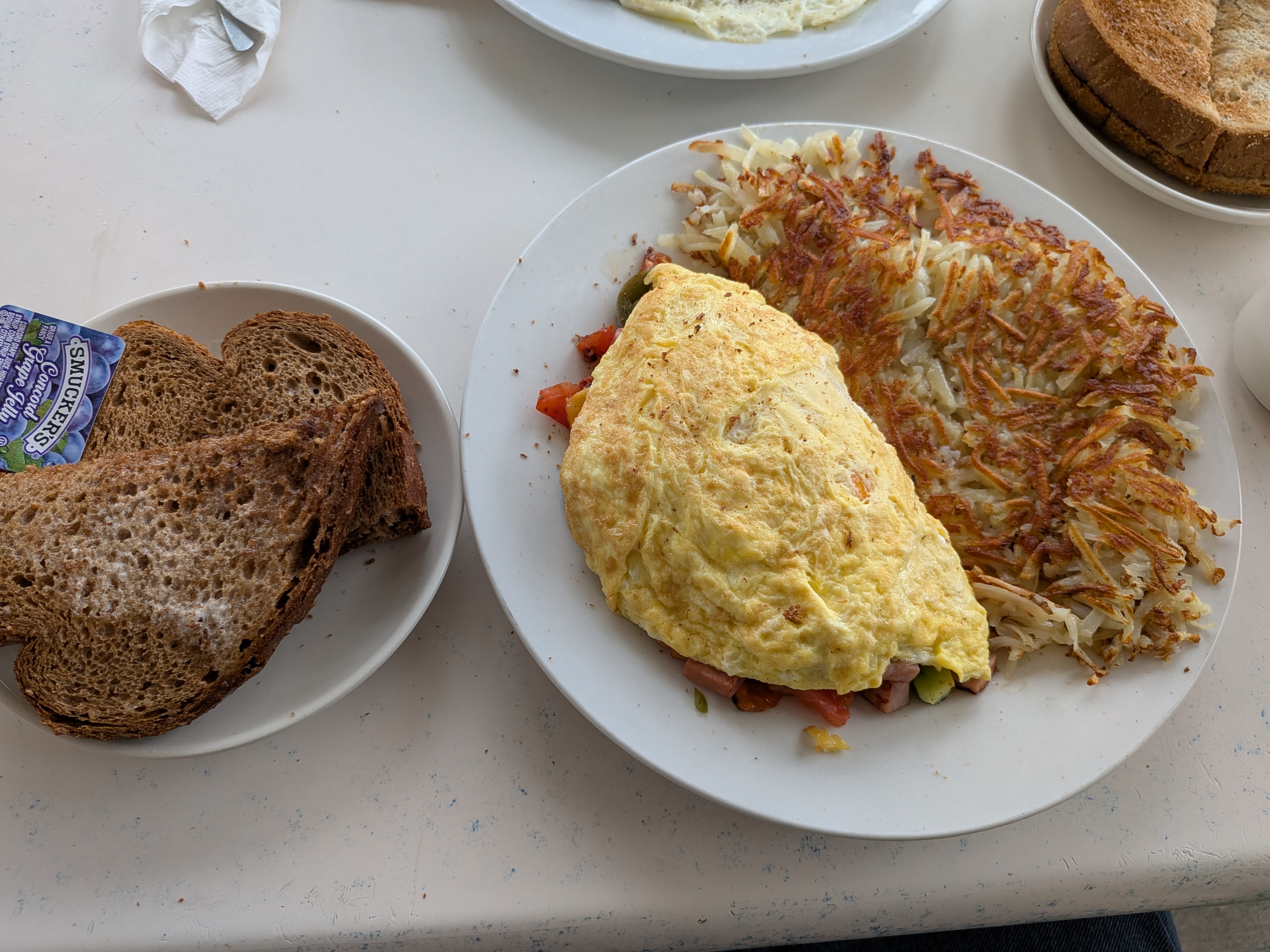 Denver omelette plate with hashbrowns and rye toast